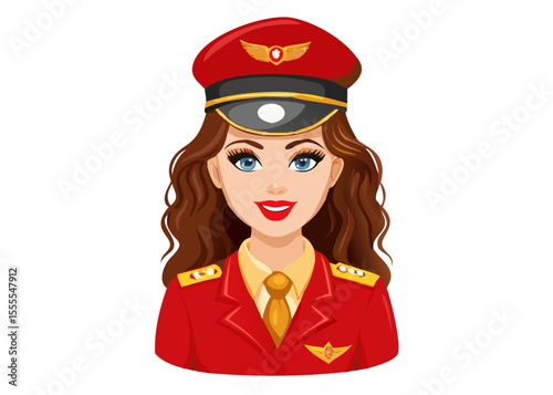 Smiling Female Pilot in Red Uniform and Hat