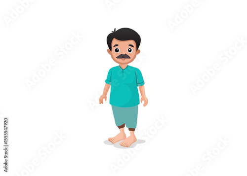 Mustached Man Standing Barefoot in Casual Attire