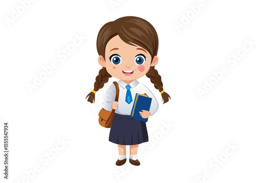 Happy Schoolgirl in Uniform with Pigtails and Books