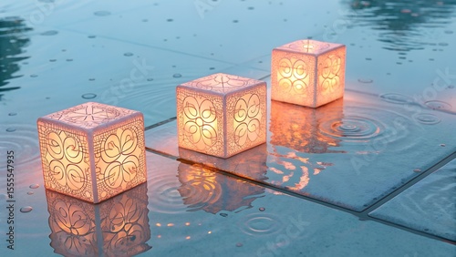 Three luminous cube lanterns cast warm light onto a wet surface, as rain falls, creating tranquil circular ripples in the water.