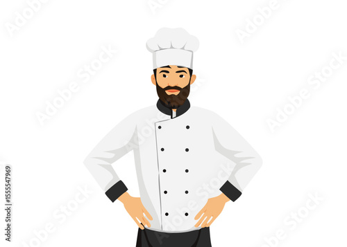 Confident Bearded Male Chef in White Uniform
