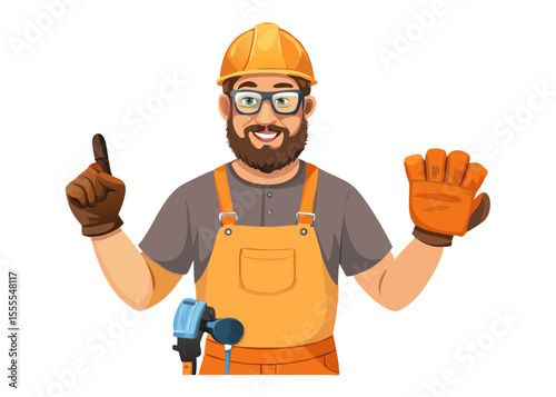 Smiling Construction Worker Explaining with Hand Gesture