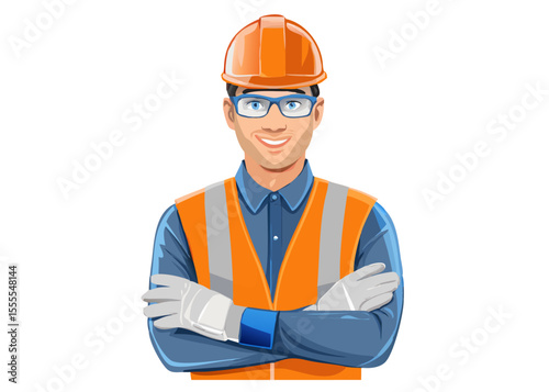 Confident Engineer in Safety Gear with Arms Crossed