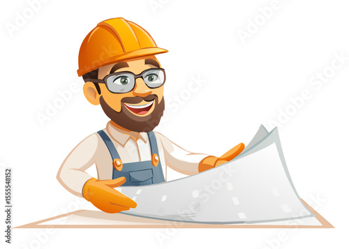 Smiling Engineer in Hard Hat Reviewing Blueprint