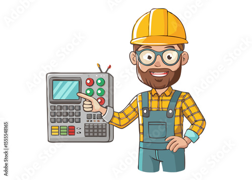 Bearded Worker in Overalls Pointing at Control Panel