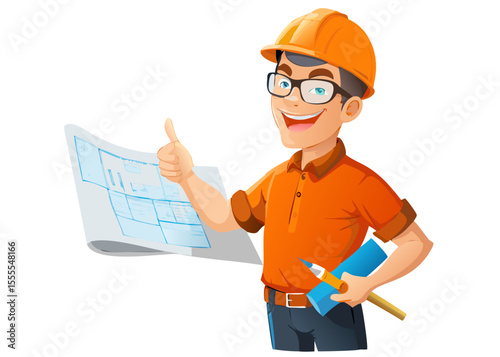 Smiling Male Engineer with Blueprint Gives Thumbs Up