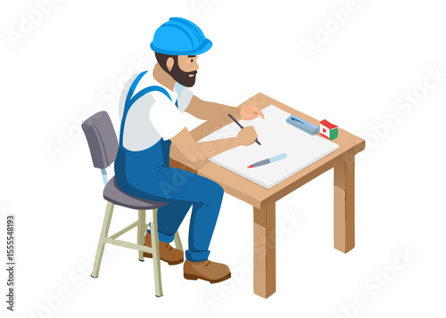 Smiling architect or engineer in hard hat and overalls, holding blueprints and a pencil, ready for construction and design work.