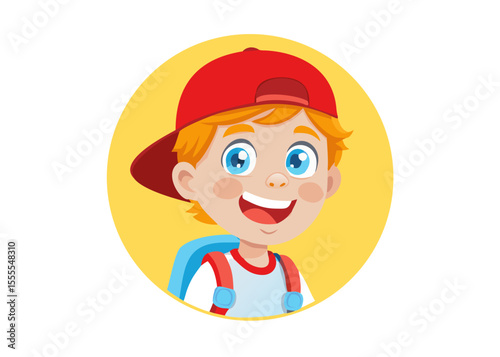 A charming cartoon avatar of a happy red-haired boy with bright blue eyes, wearing a red cap and a blue backpack, set against a cheerful yellow circle.