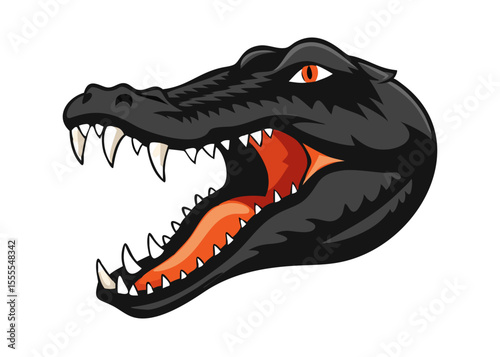A ferocious black alligator or crocodile head with an open mouth revealing sharp teeth and an orange interior, perfect for a mascot or bold graphic.