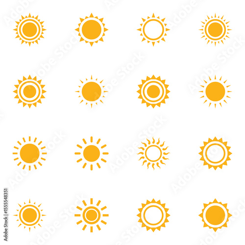 Sun icons vector illustration set. Sun icon set. Yellow sun icons vector. Sun set icon collection. Yellow sun star icons. Solar energy concept. Vector illustration. EPS 10