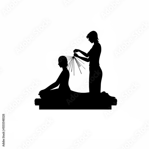 Silhouette of a practitioner giving acupuncture therapy to a patient on white background
