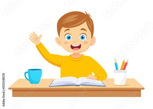 A cheerful cartoon boy with bright blue eyes, raising his hand excitedly while sitting at a wooden desk with an open book, mug, and pencils.