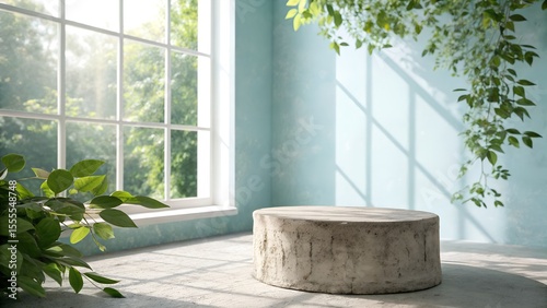 A concrete round podium stands by a window, bathed in sunlight with green plants and shadows on the blue wall.