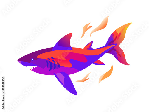 A striking stylized shark featuring vibrant purple, red, and orange hues with intricate patterns, complemented by swirling orange elements, perfect for bold marine life designs.