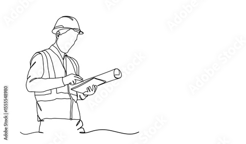 Line Art Drawing of a Construction Architect Working at a Site	