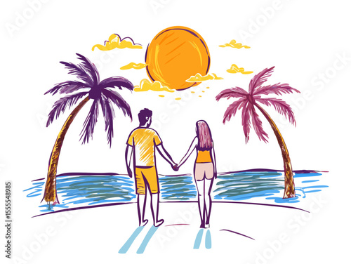 A loosely sketched illustration of a couple holding hands on a tropical beach, observing a large sun and vibrant ocean between two palm trees.