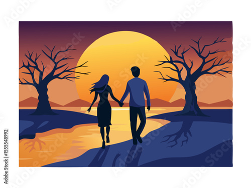 A captivating illustration of a couple holding hands and walking along a riverside at sunset, silhouetted against a large orange sun and dramatic, bare trees.