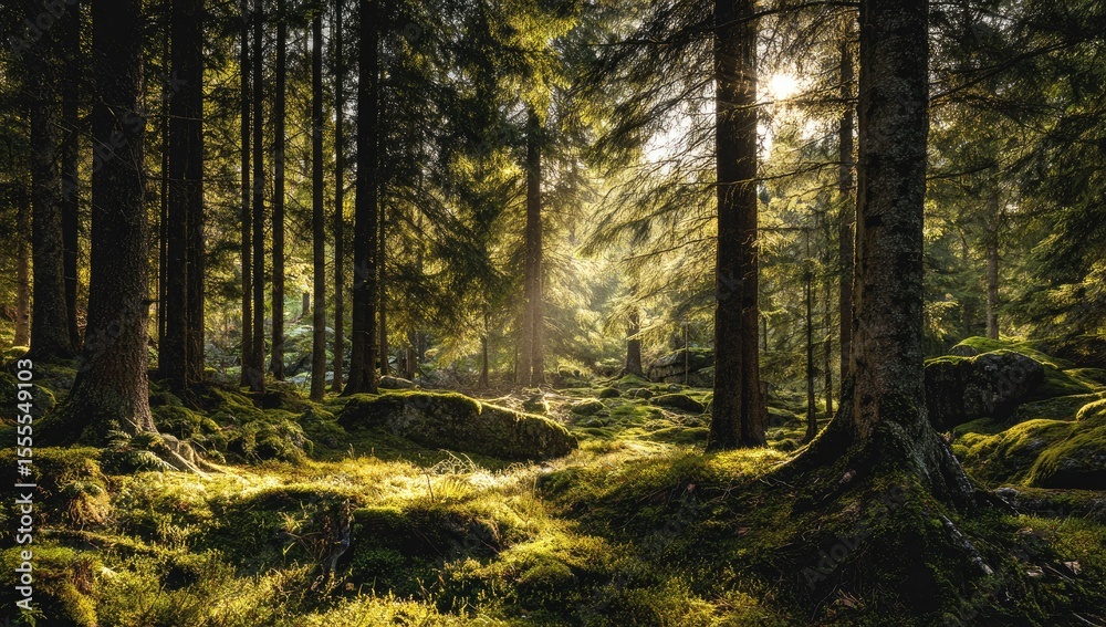 Obraz premium Sunlight streams through a dense forest