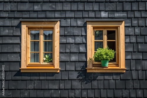 Two rustic wooden windows are set in a dark shingled building facade with green plants on the sills, bathed in sunlight.