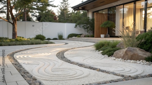 Beautiful modern house exterior boasts a serene Japanese Zen garden with artistic white gravel patterns, smooth rocks, and lush green plants.