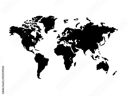 A minimalist black silhouette of the world map, perfect for global themes, international business, geography, and general representation of the Earth's landmasses.