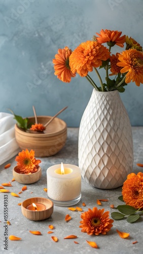Vibrant orange flowers beautifully arranged in a white textured vase, surrounded by glowing candles and scattered petals, create a serene decorative display.