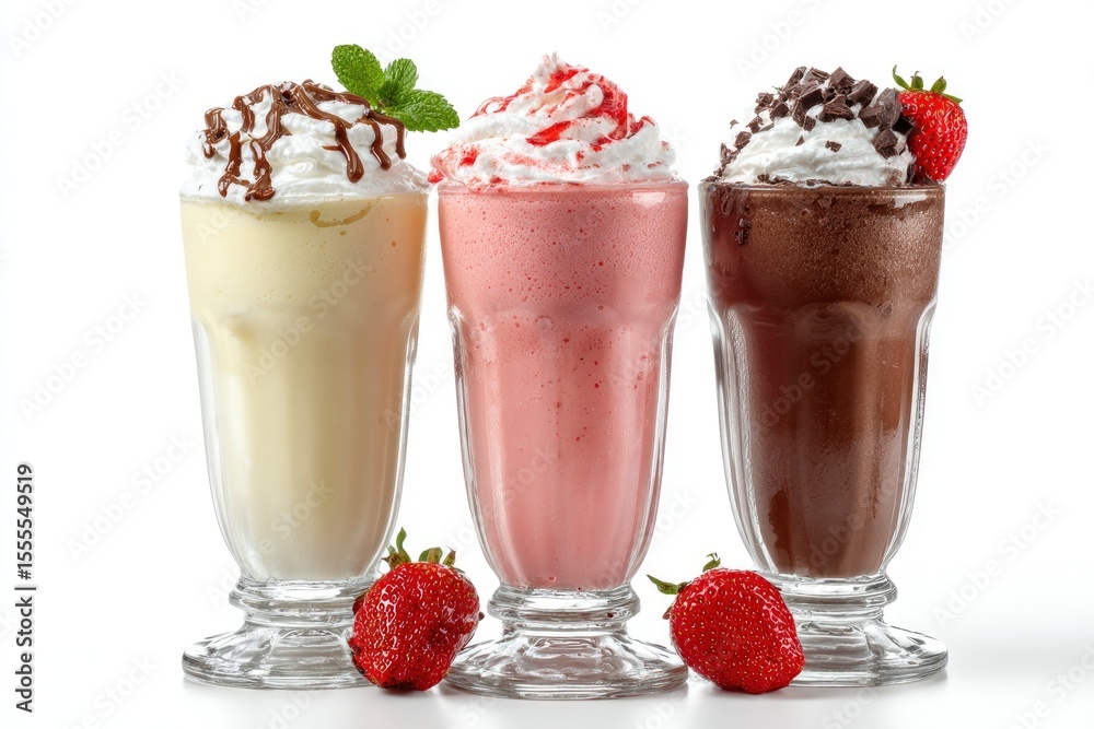 Three milkshake glasses filled with different flavors topped with whipped cream and garnished with strawberries Three milkshake glasses filled with different flavors topped with whipped cream and garnished with strawberries
