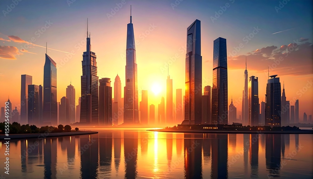 Obraz premium Sunrise cityscape reflecting on water