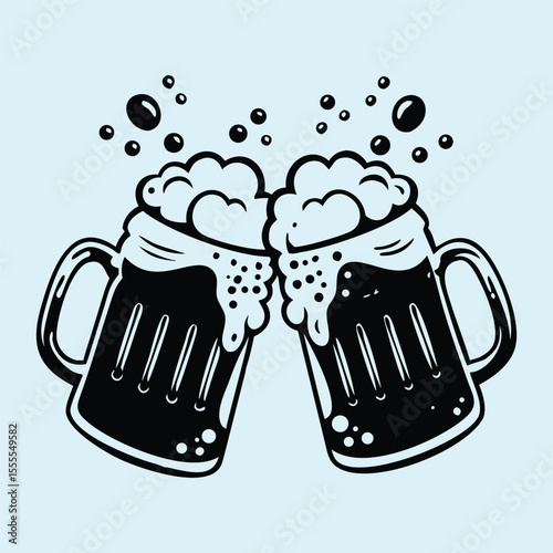 Two black-and-white beer mugs with frothy heads, clinking together and surrounded by bubbles, on a light blue background.