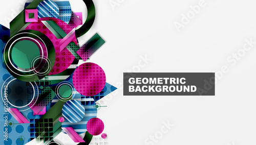 Abstract geometric shapes, vibrant colors, dynamic composition. Modern design elements create visually interesting background.