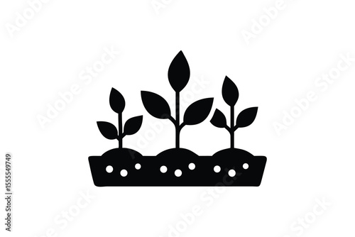 Three vibrant seedlings sprouting from rich dark soil, showcasing growth, new beginnings, and sustainable agriculture; a minimalist black and white vector illustration symbolizing environmental conser