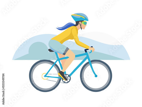 A focused female cyclist, dressed in a yellow jersey and blue shorts, with a matching helmet, rides a blue bicycle against a subtle mountainous background, embodying outdoor fitness.