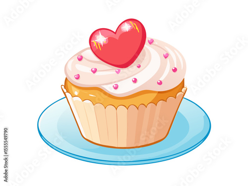 A charming cupcake adorned with pink frosting, delicate sprinkles, and a shiny red heart on top, presented on a light blue saucer, perfect for celebrations of love.