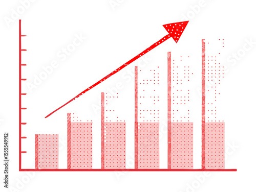 Red bar graph showing increasing progress with an upward arrow, ideal for business growth, financial trends, and data visualization.