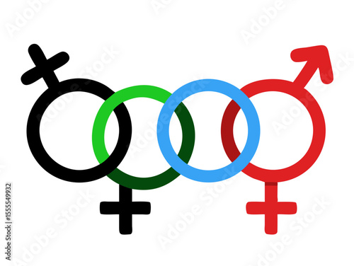 Interconnected gender symbols in black, green, blue, and red, representing diversity, LGBTQ+ community, equality, and sexual identity.