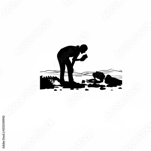 Silhouette of a researcher studying fossils in a remote desert on white background