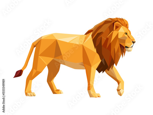 Regal polygonal lion in an orange and brown palette, symbolizing strength, leadership, nature, wildlife, and geometric art.