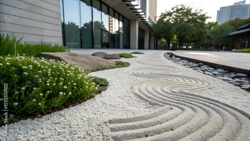 A serene Zen garden displays elegant raked sand patterns, smooth stones, and lush green plants, creating a tranquil and harmonious outdoor landscape.