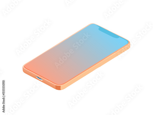 Connect and engage with this sleek isometric smartphone featuring a vibrant gradient screen, perfect for symbolizing mobile technology, communication, and digital services with a transparent backgroun