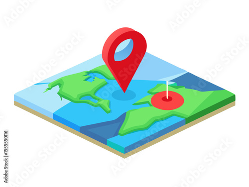Pinpoint your exact spot with this isometric map featuring a prominent red location marker, ideal for navigation, delivery, and geographical concepts with a transparent background.