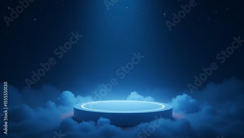 Blue neon platform in a starry night sky