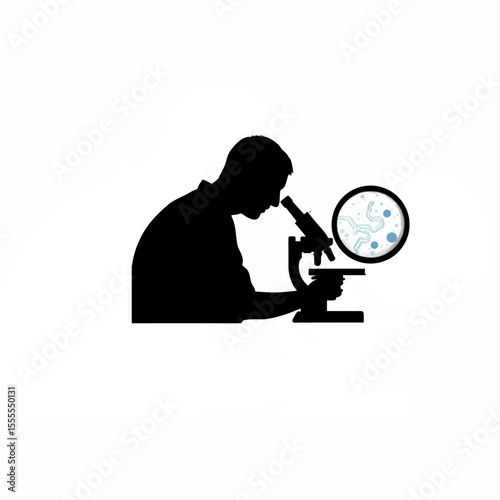 Silhouette of a researcher observing bacterial cultures in a Petri dish on white background