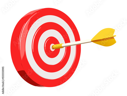 Hit your mark every time with this perfect bullseye target, featuring a golden arrow precisely in the center, ideal for success and achievement concepts with a transparent background.
