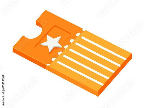 Gain access and enjoy the experience with this vibrant isometric orange ticket featuring a star, perfect for events, entertainment, or special offers with a transparent background.