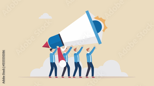 Teamwork and communication concept with people holding a giant megaphone