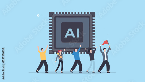 Team celebrates the advancement of artificial intelligence technology with a large microchip