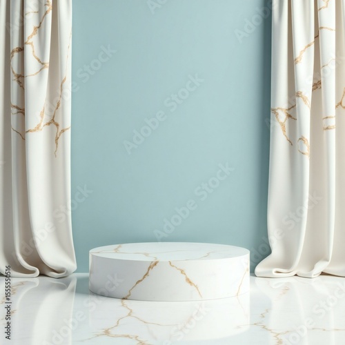 Elegant marble display platform with draped curtains
