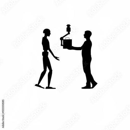 Silhouette of a robot assisting a human in a factory on white background