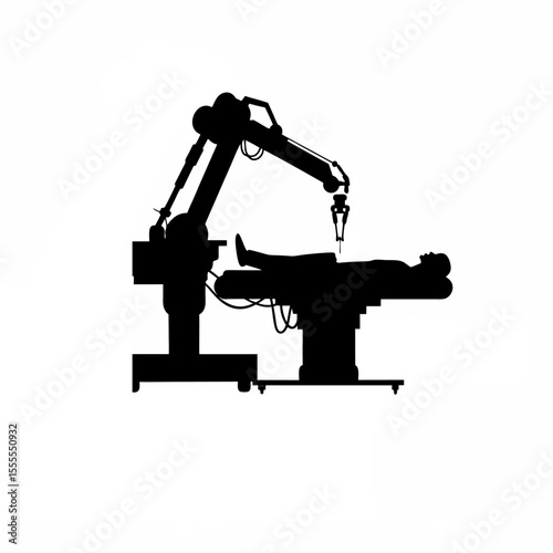 silhouette of a robotic arm assisting in surgery on white background