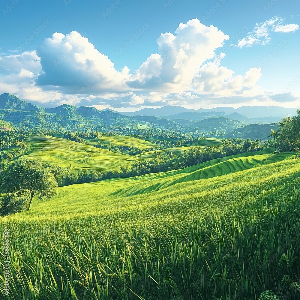 Obraz premium Lush green rice terraces with mountains in the background under a partly cloudy sky